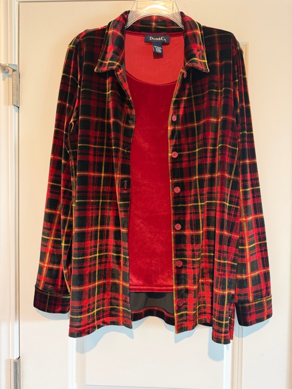 Denim&Co Red Plaid Velvet-Look Button Front Blouse with Tank Top.